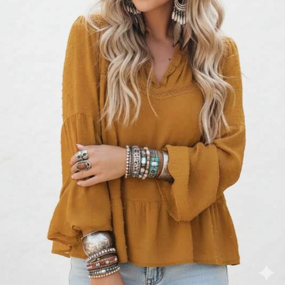 MELISSA PAIGE Large Mustard Swiss Dot Ruffle Blouse